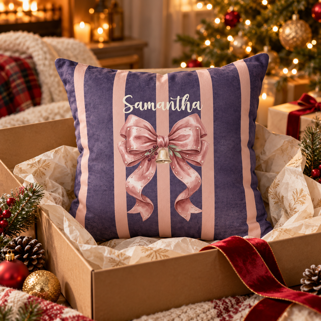 Personalized pink bow name pillow on plum stripes in an open gift box