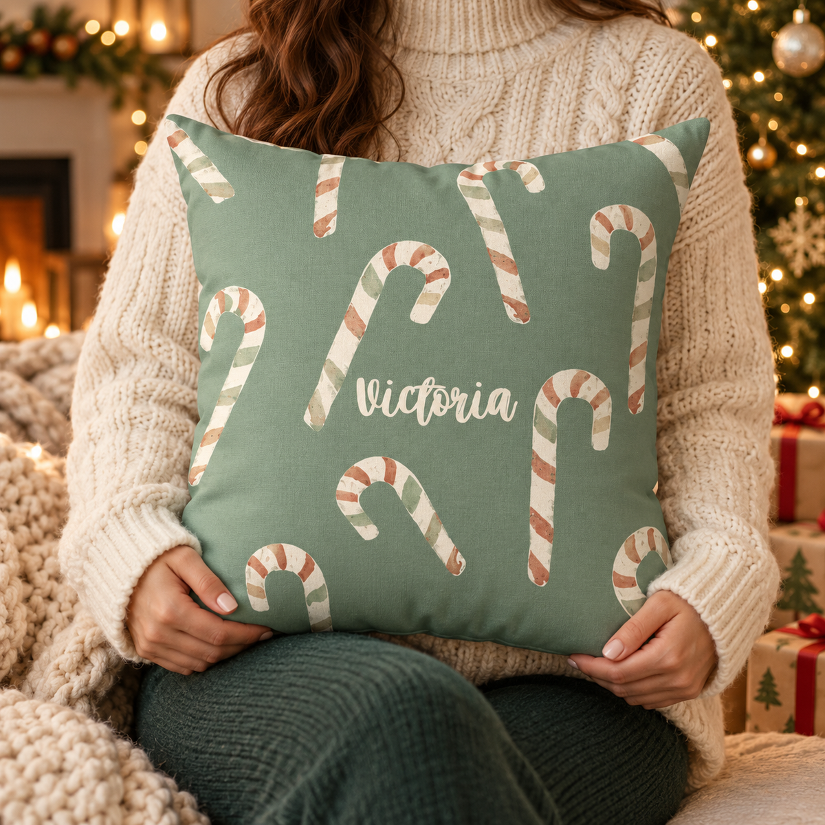 Person holding the personalized candy cane name pillow on sage green