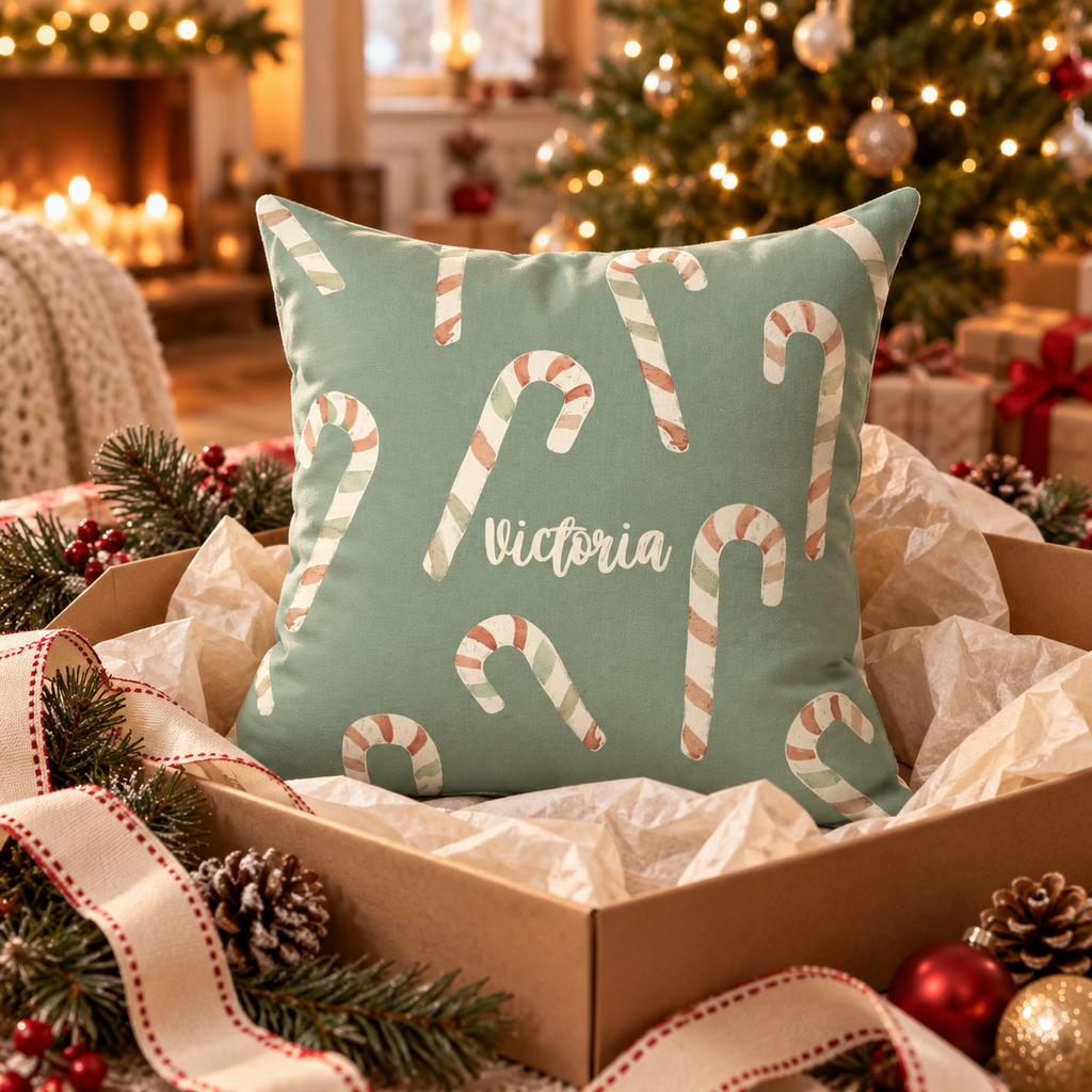 Personalized candy cane name pillow on sage green in an open gift box