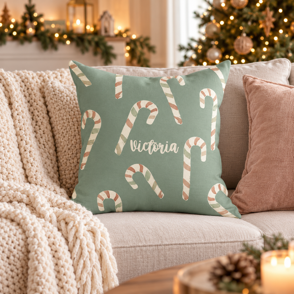 Personalized candy cane name pillow on sage green on a sofa in a Christmas living room