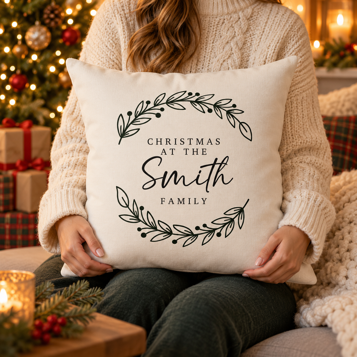 Person holding the personalized laurel branches family name Christmas pillow