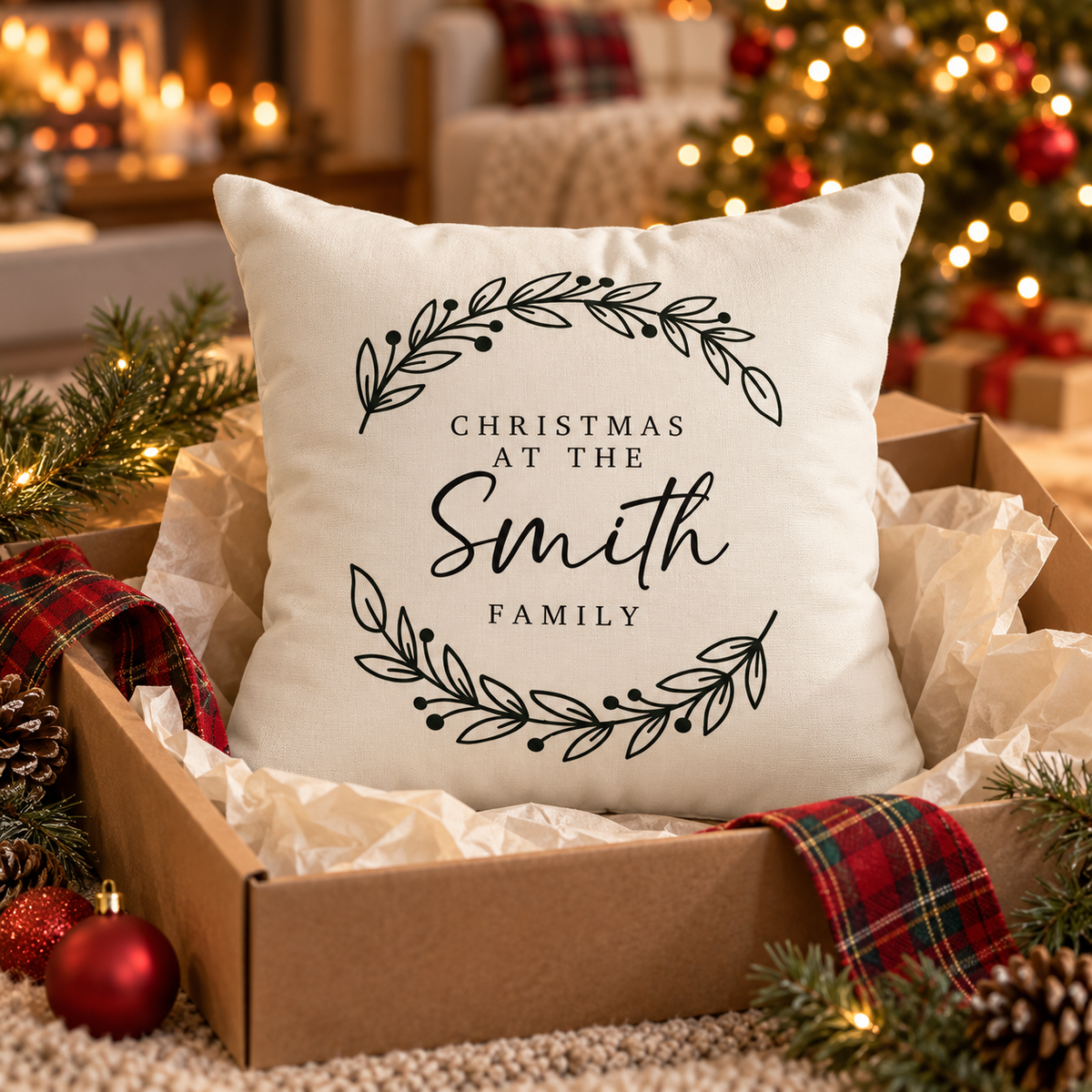 Personalized laurel branches family name Christmas pillow in an open gift box