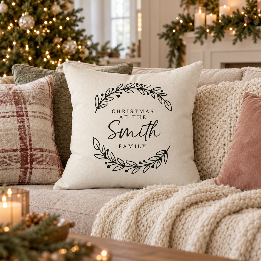 Personalized laurel branches family name Christmas pillow on a sofa in a Christmas living room