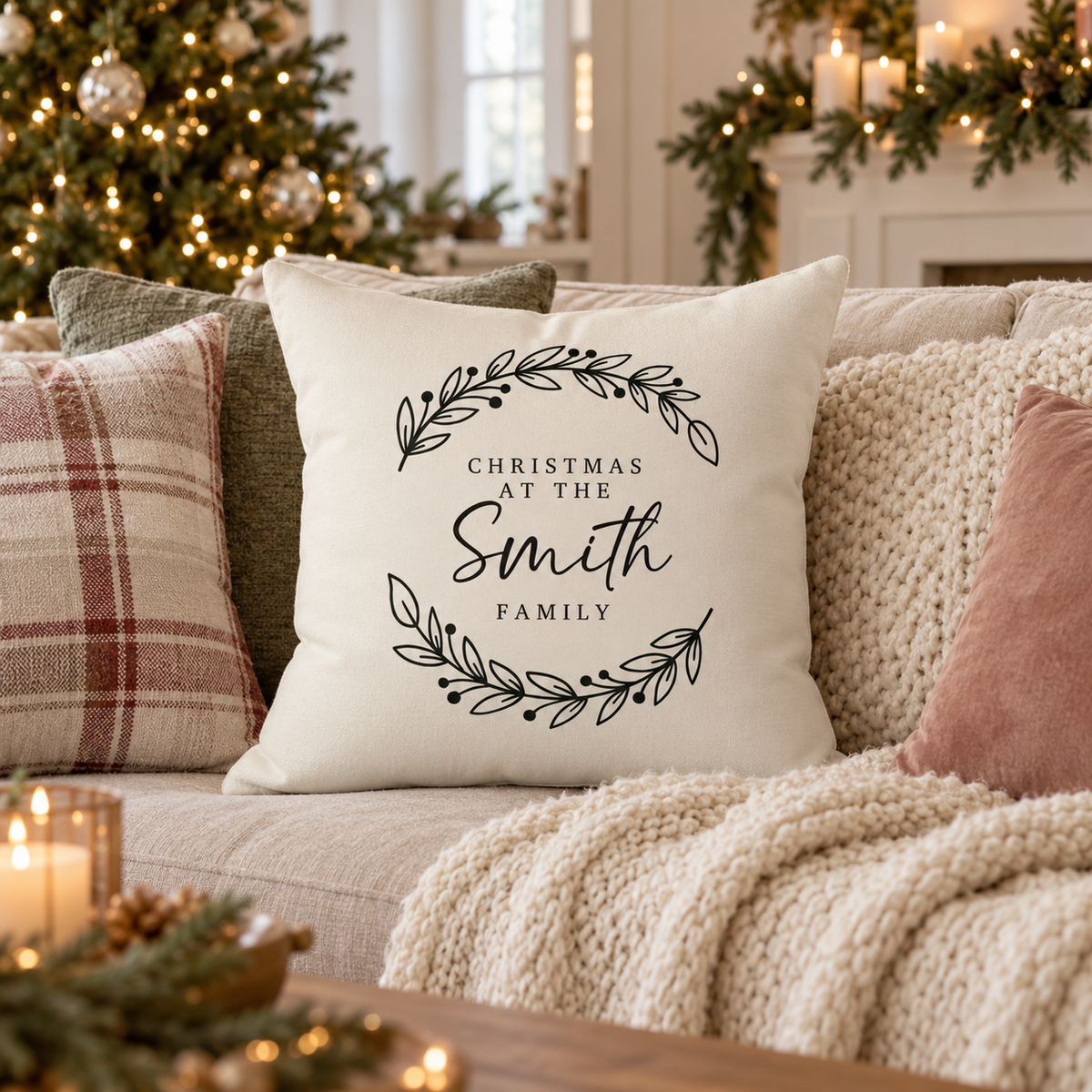 Personalized laurel branches family name Christmas pillow on a sofa in a Christmas living room