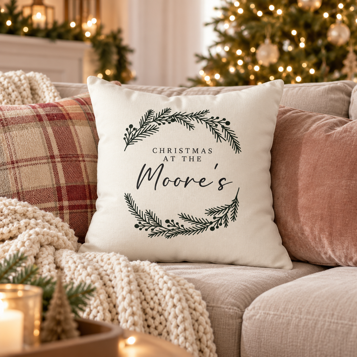 Personalized black laurel wreath family name Christmas pillow on a sofa in a Christmas living room