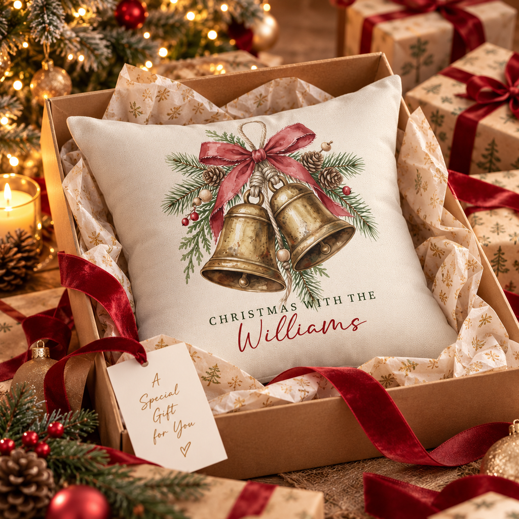 Personalized brass bells family name Christmas pillow in an open gift box