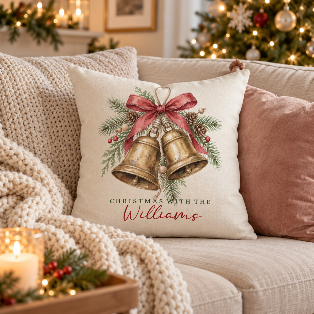 Personalized brass bells family name Christmas pillow on a sofa in a Christmas living room