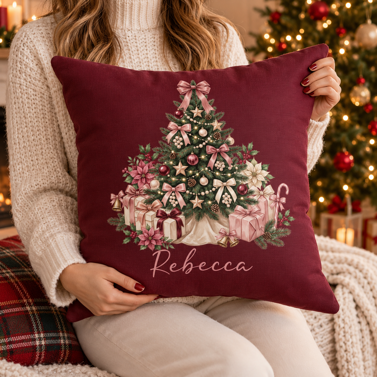 Person holding the personalized pink gift tree name pillow on burgundy