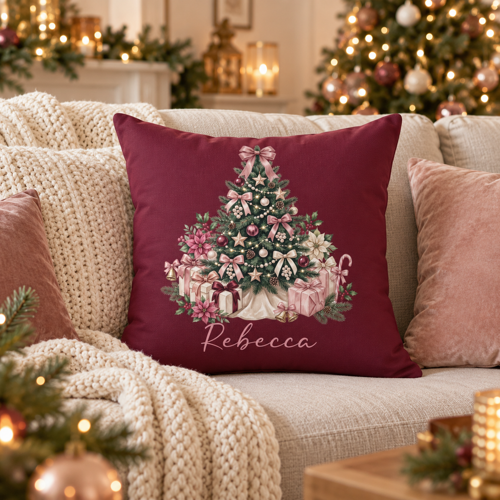 Personalized pink gift tree name pillow on burgundy on a sofa in a Christmas living room