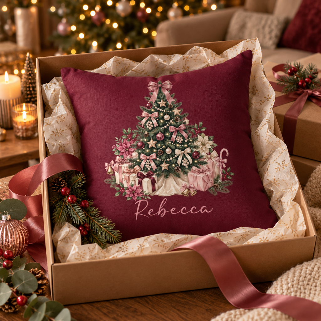 Personalized pink gift tree name pillow on burgundy in an open gift box