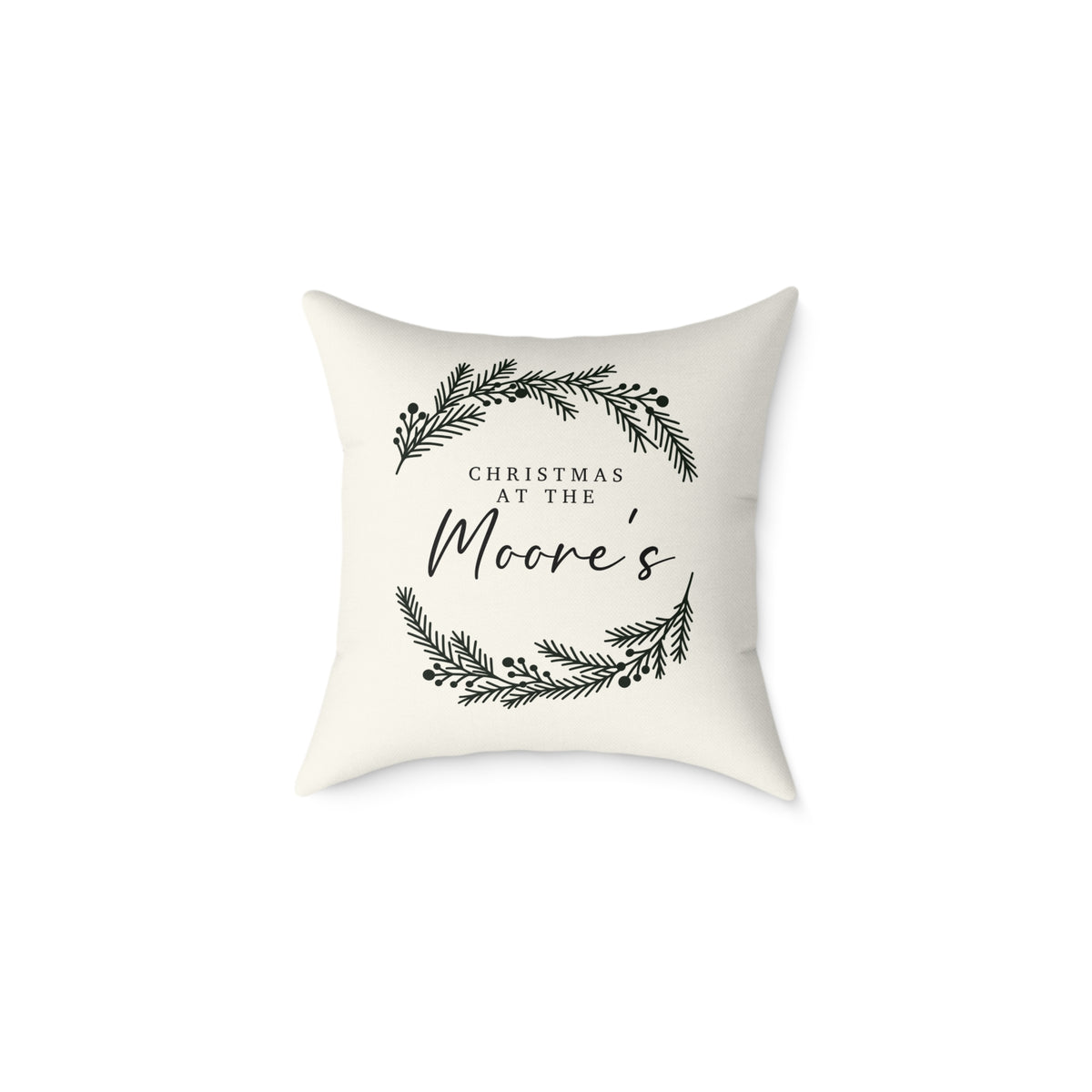 Personalized black laurel wreath family name Christmas pillow, product photo