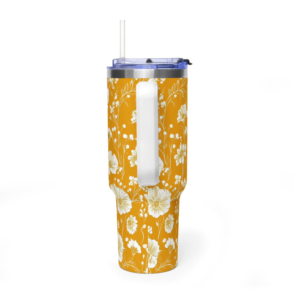 Personalized 40oz Tumbler with Handle - Mustard Wildflower Custom Initials
