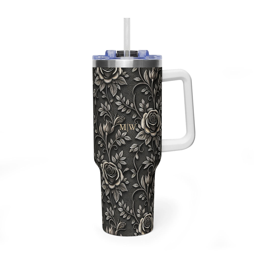 Personalized 40oz Tumbler with Handle - Gothic Lace Rose Custom Initials