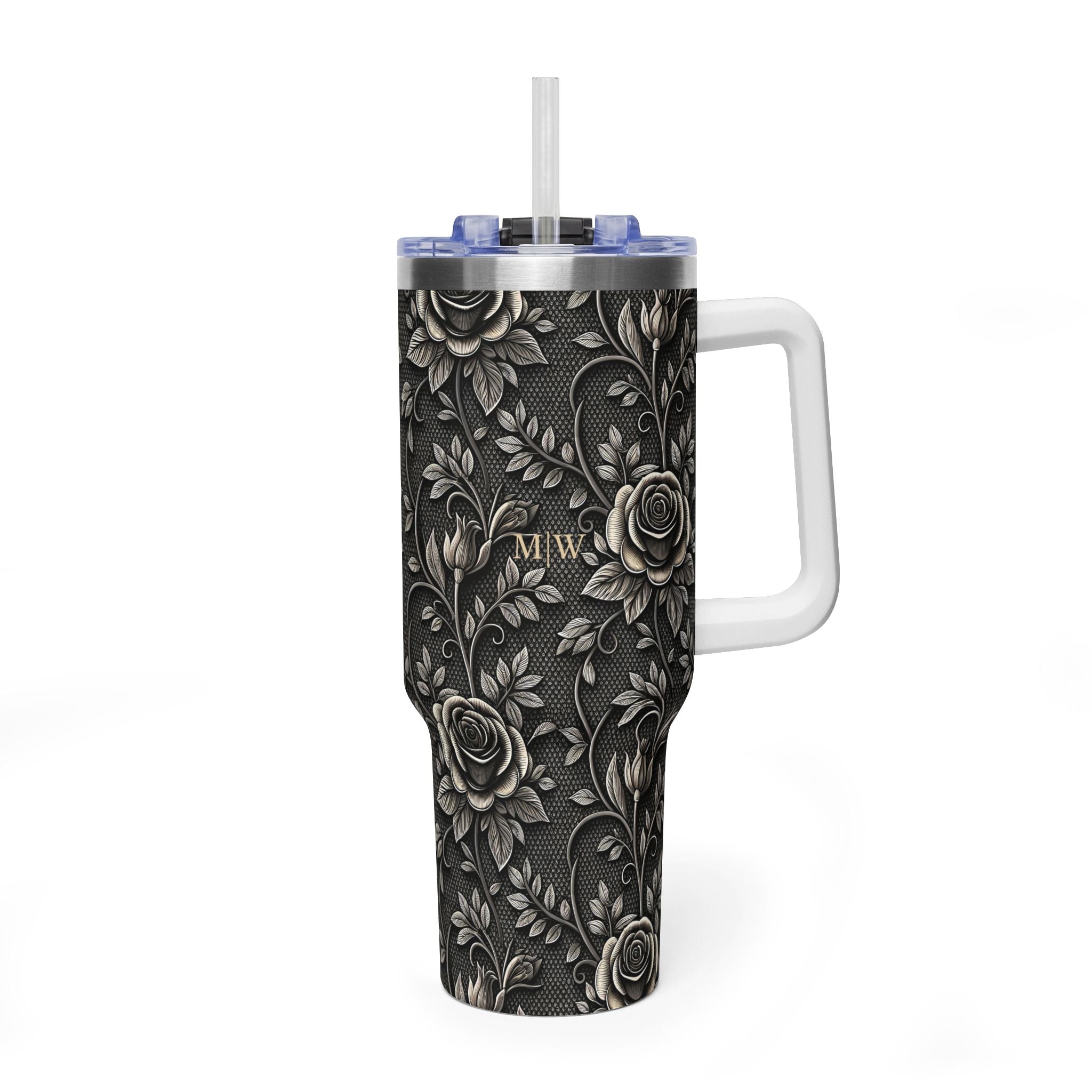 Personalized 40oz Tumbler with Handle - Gothic Lace Rose Custom Initials