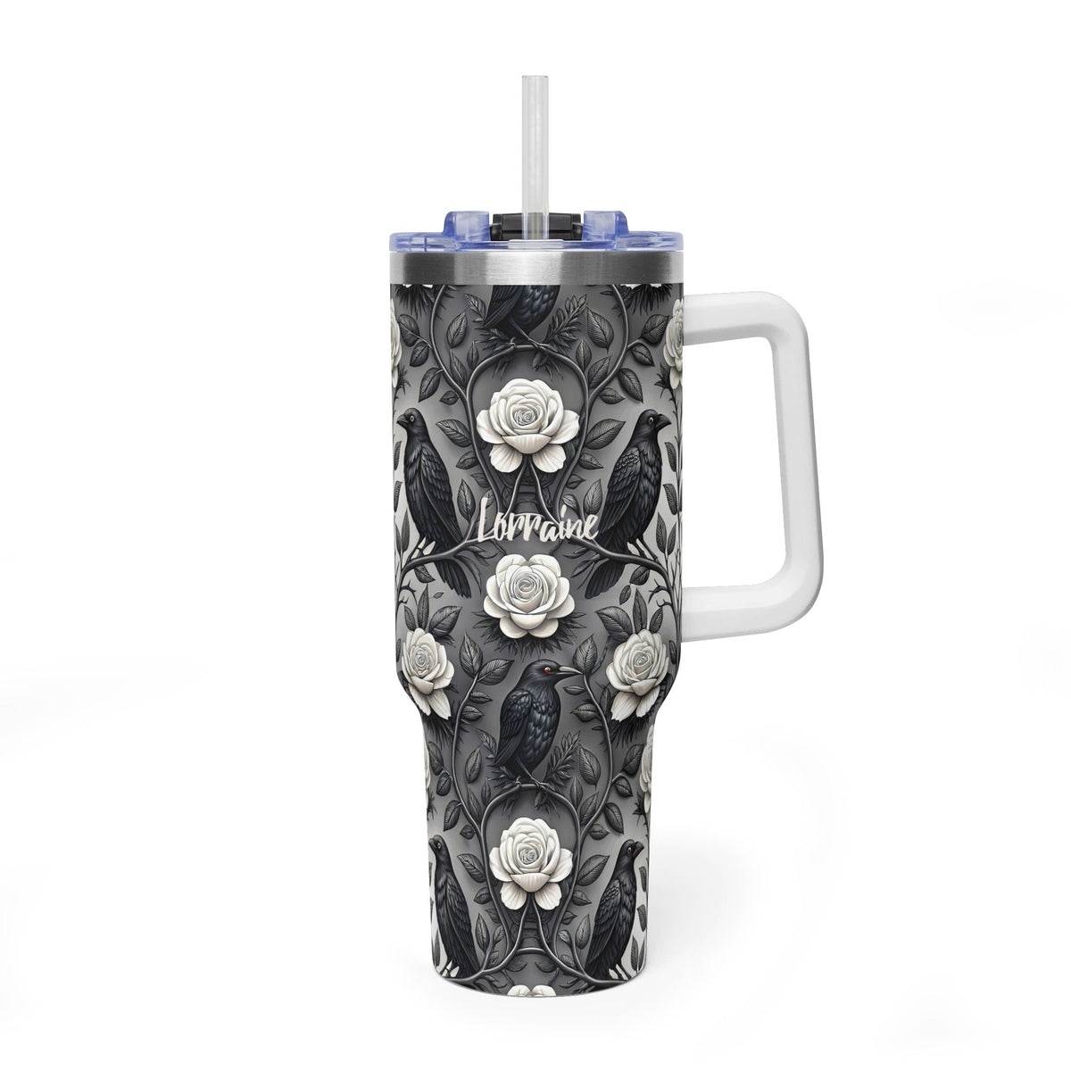 Personalized 40oz Tumbler with Handle - Gothic Raven Rose Custom Name