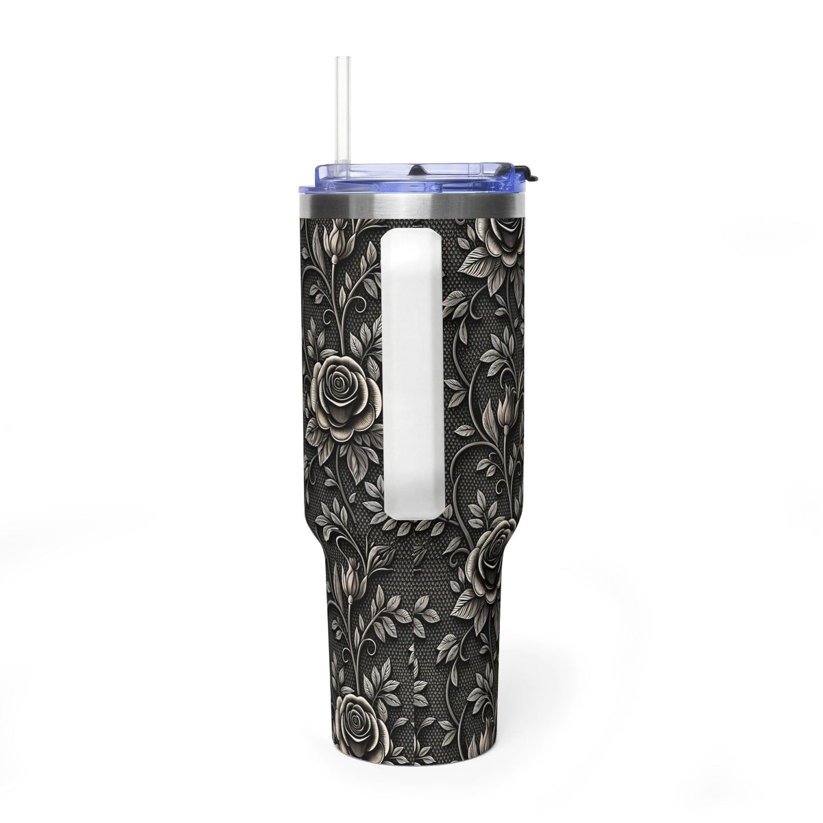 Personalized 40oz Tumbler with Handle - Gothic Lace Rose Custom Initials