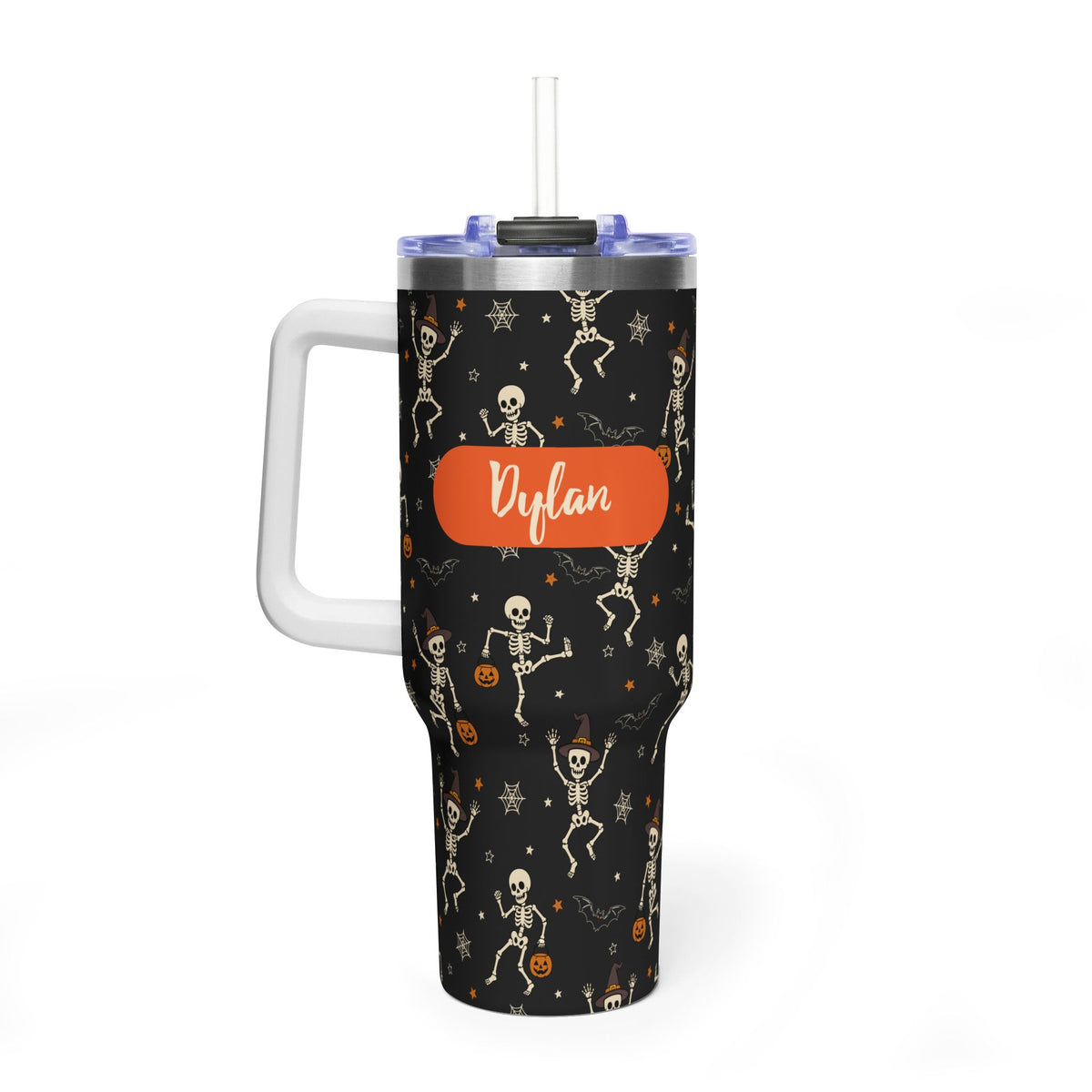 Personalized 40oz Tumbler with Handle - Halloween Dancing Skeleton Custom Name