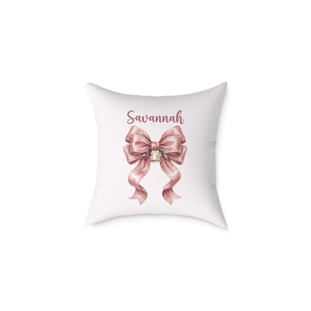 Personalized blush velvet bow name pillow, product photo