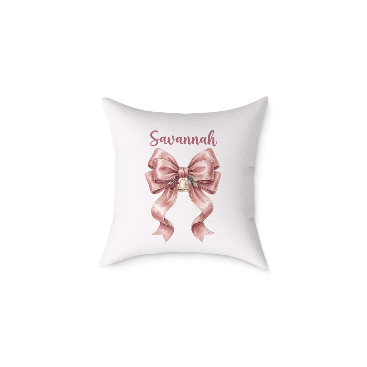 Personalized blush velvet bow name pillow, product photo