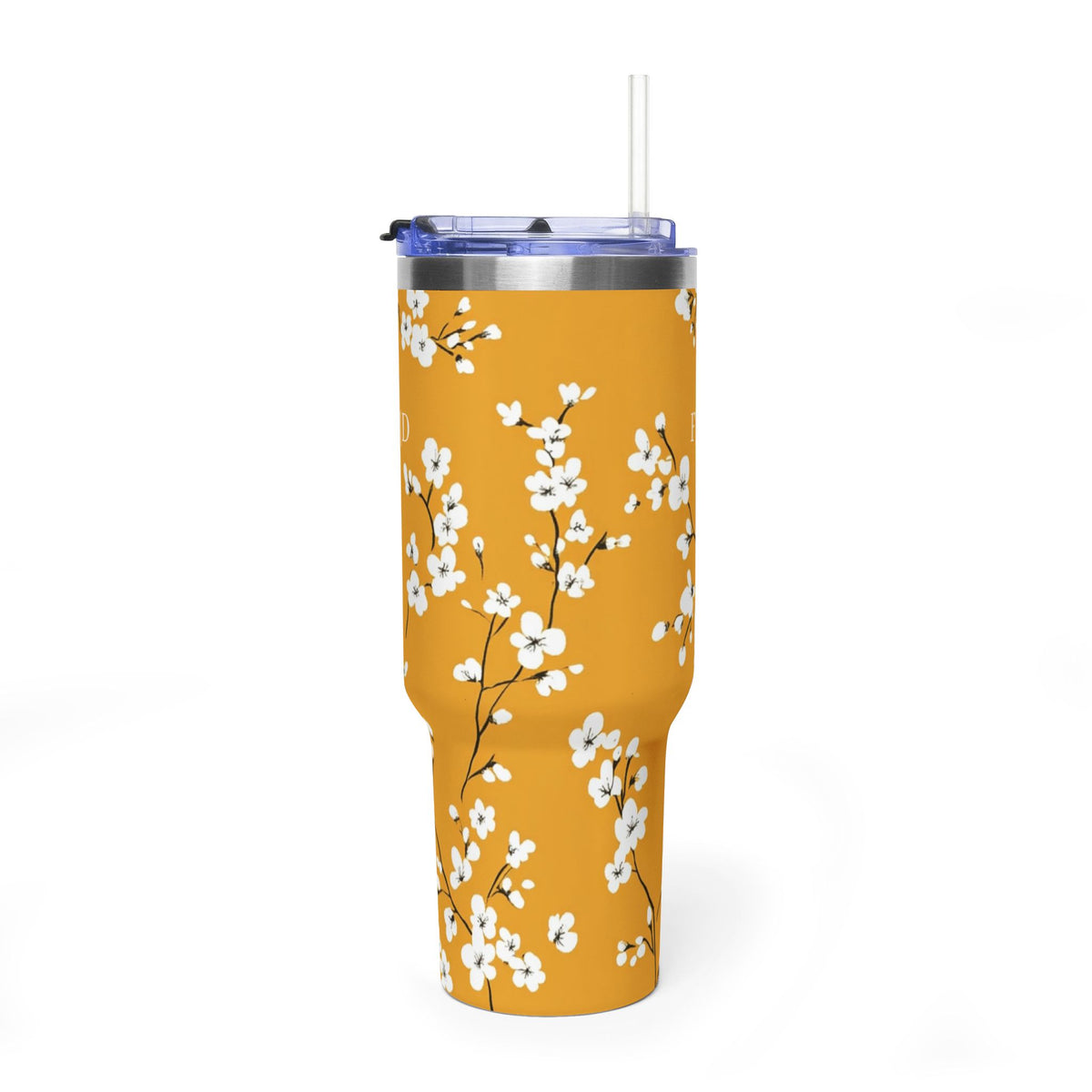 Personalized 40oz tumbler with mustard cherry blossom design, custom initials