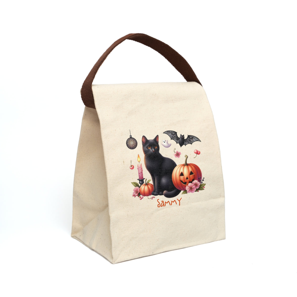 Personalized Black Cat Halloween Canvas Lunch Bag