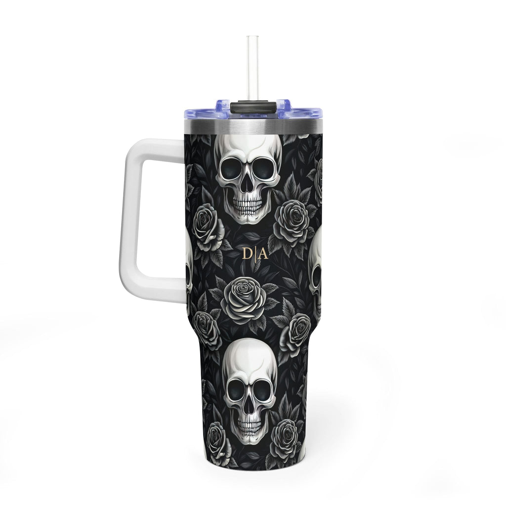 Personalized 40oz Tumbler with Handle - Gothic Skull Rose Custom Initials