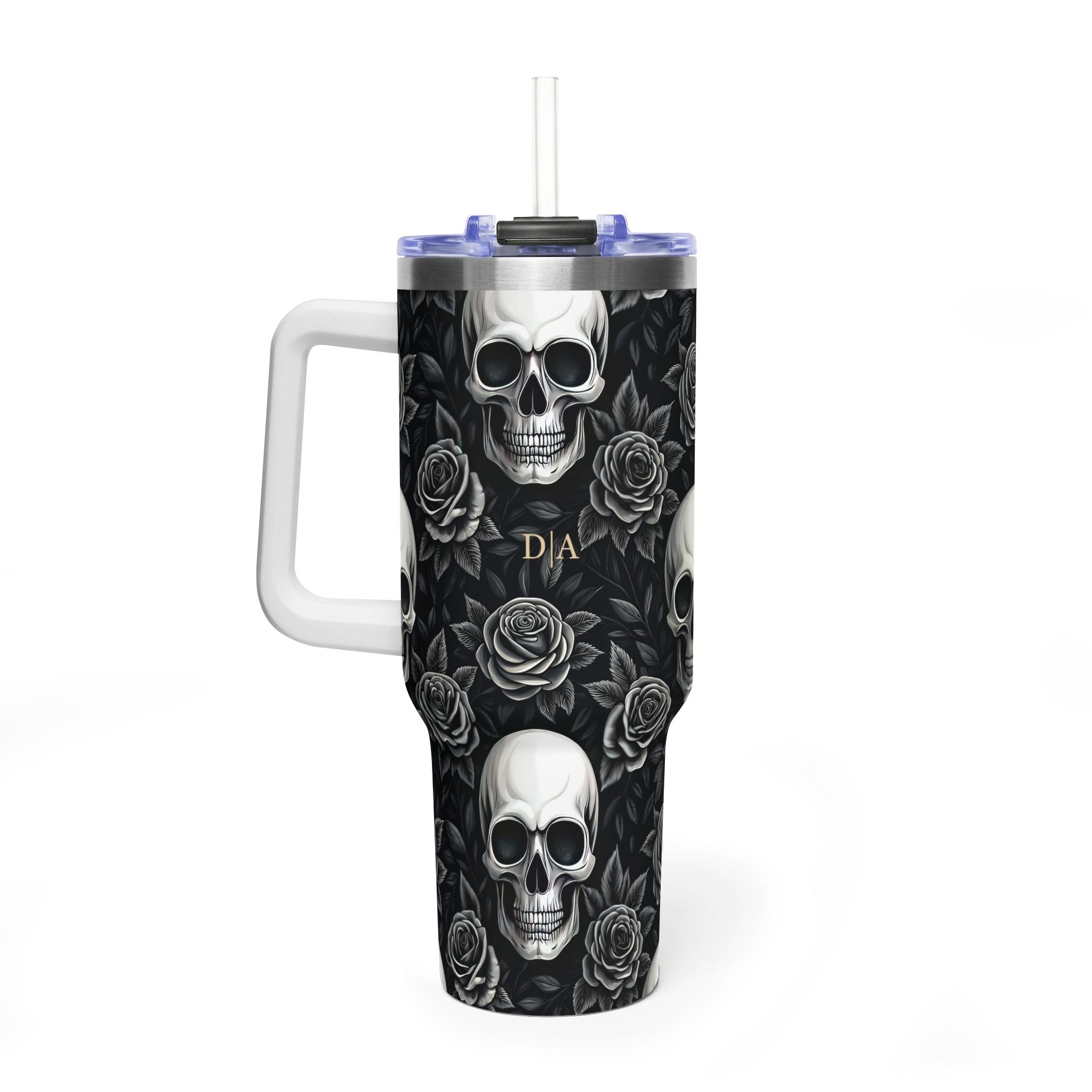Personalized 40oz Tumbler with Handle - Gothic Skull Rose Custom Initials