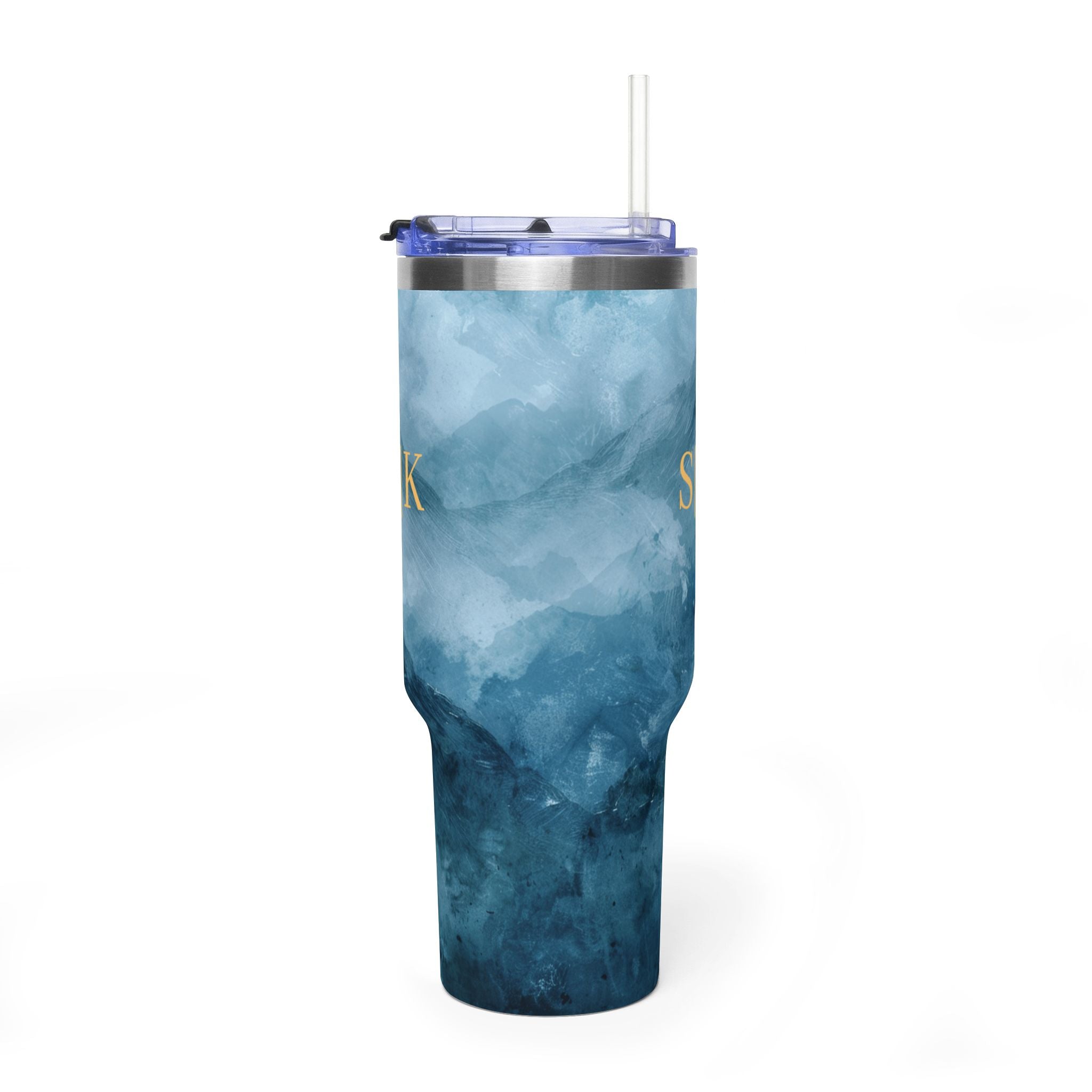 Personalized 40oz tumbler with blue watercolor mountain design, custom initials