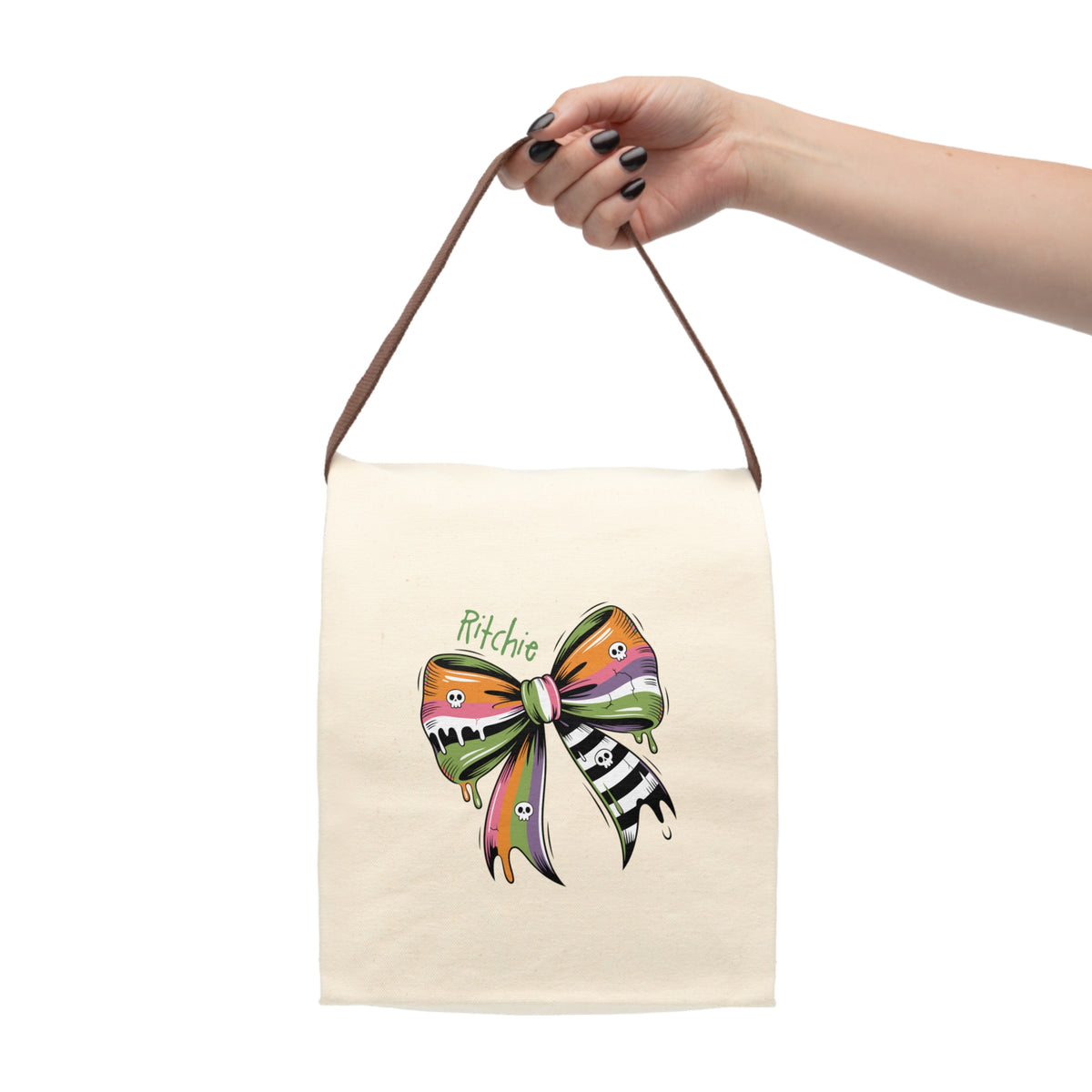 Personalized Halloween Skull Bow Canvas Lunch Bag - Orange Green