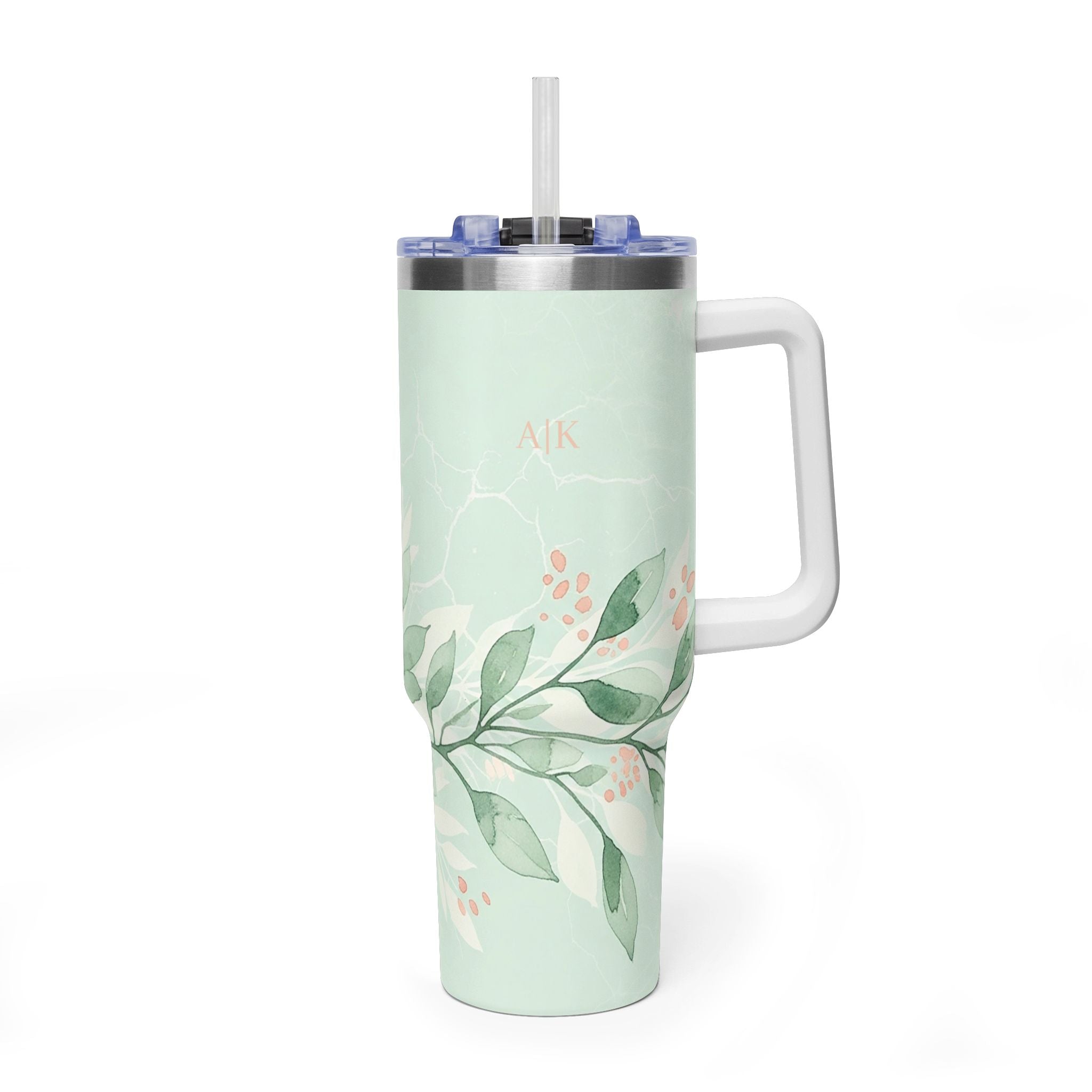 Personalized 40oz Tumbler with Handle - Sage Leaf Branch Custom Initials