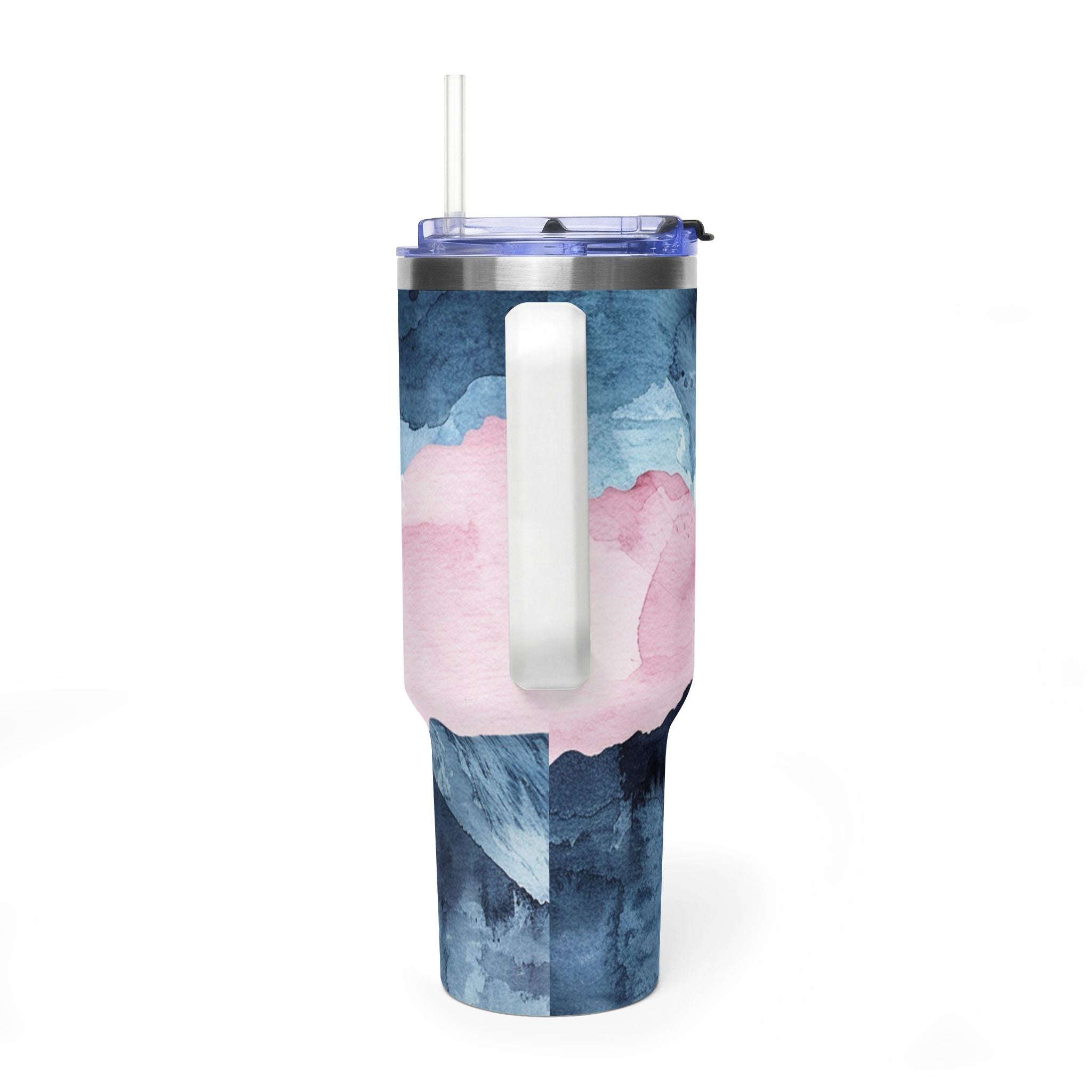Personalized 40oz Tumbler with Handle - Blue Pink Abstract Custom Initials