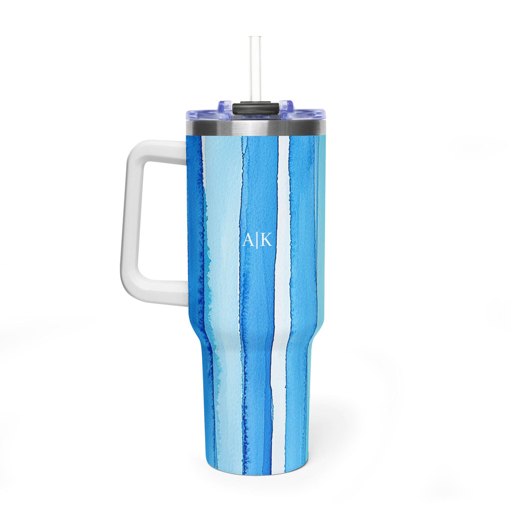 Personalized 40oz Tumbler with Handle - Blue Vertical Stripe Custom Initials