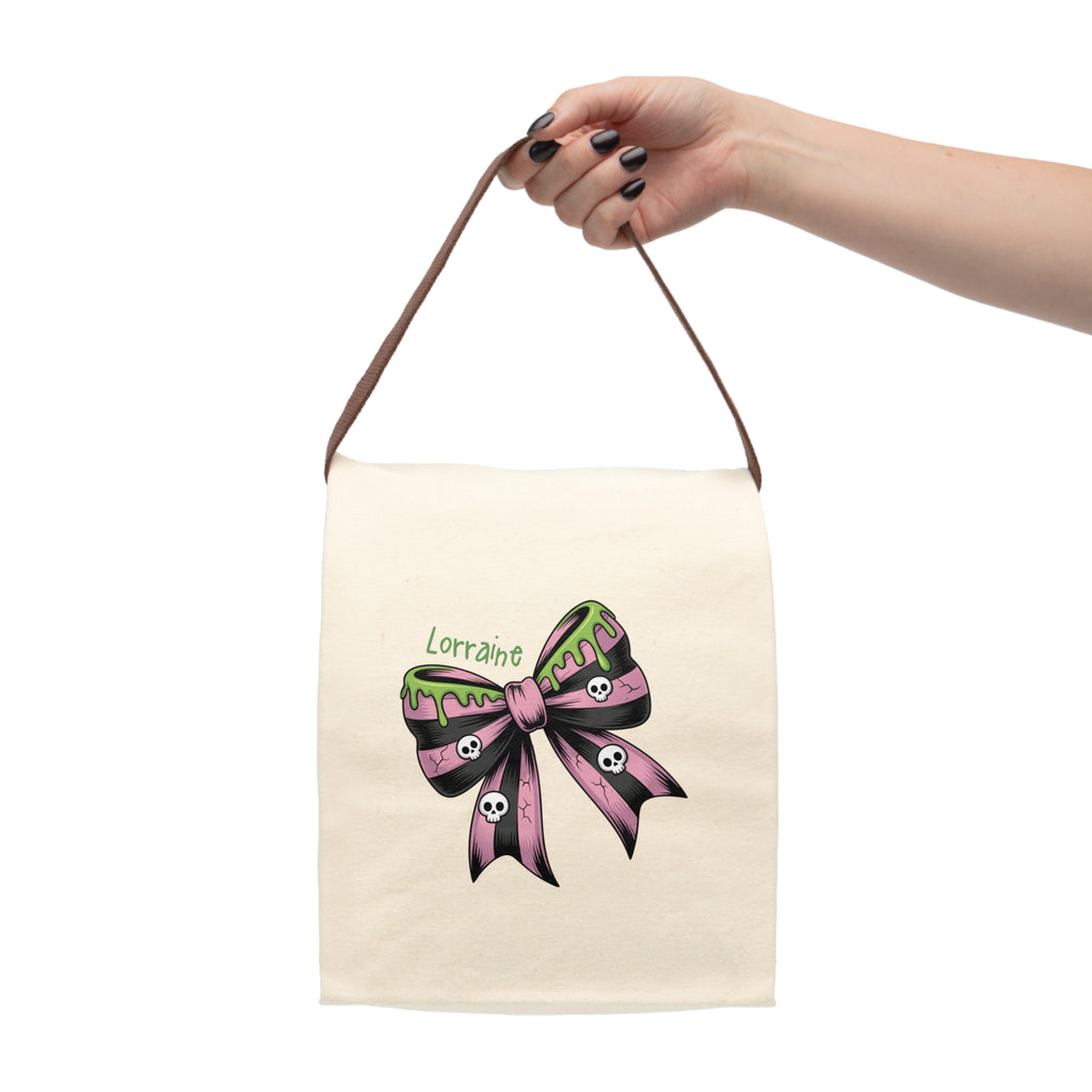 Personalized Halloween Skull Bow Canvas Lunch Bag - Pink Black