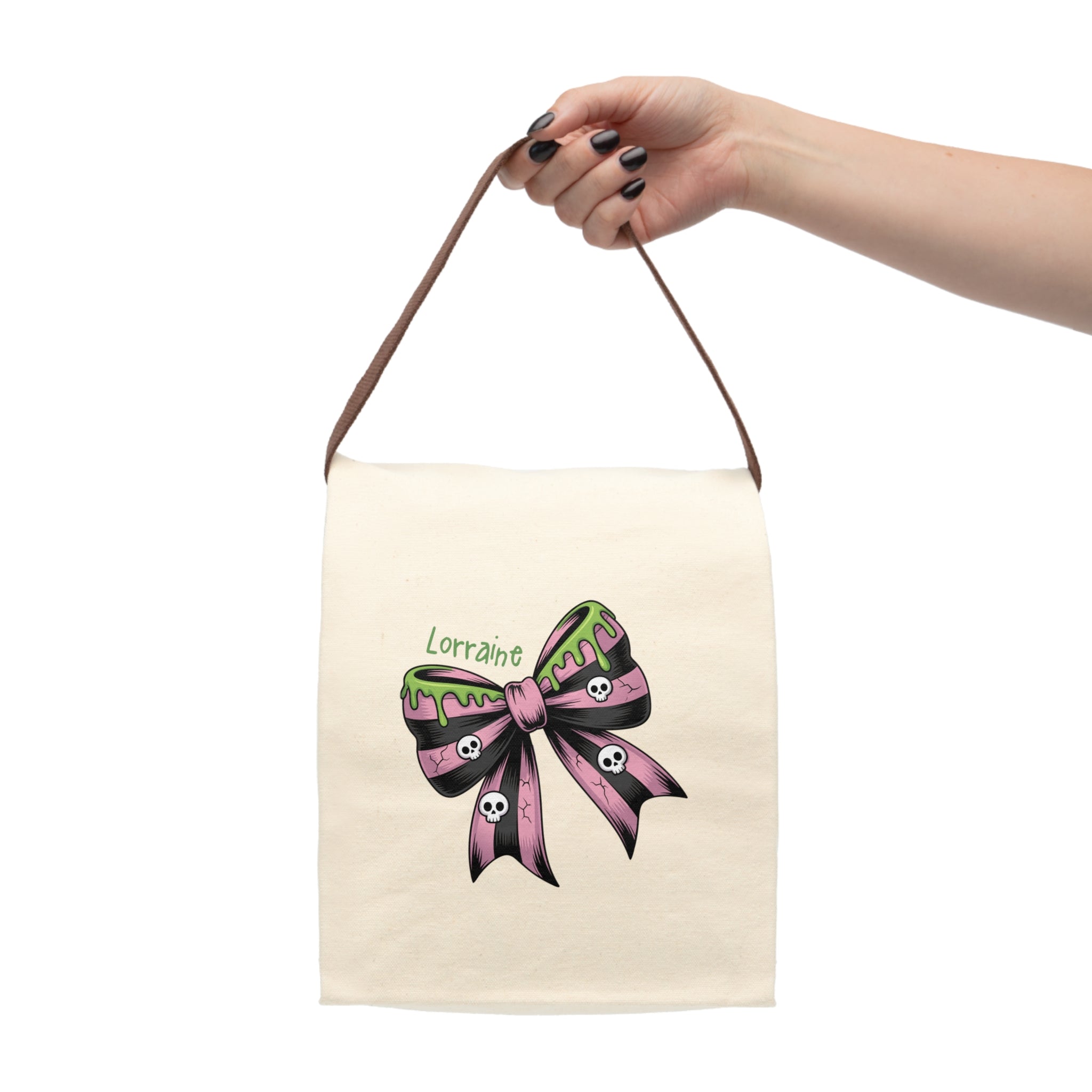 Personalized Halloween Skull Bow Canvas Lunch Bag - Pink Black
