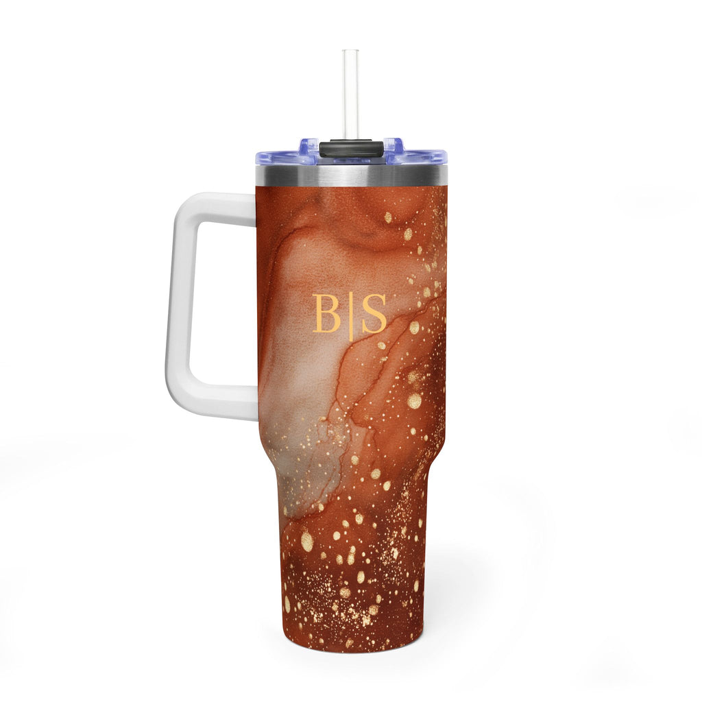 Personalized 40oz Tumbler with Handle - Terracotta Marble Custom Initials