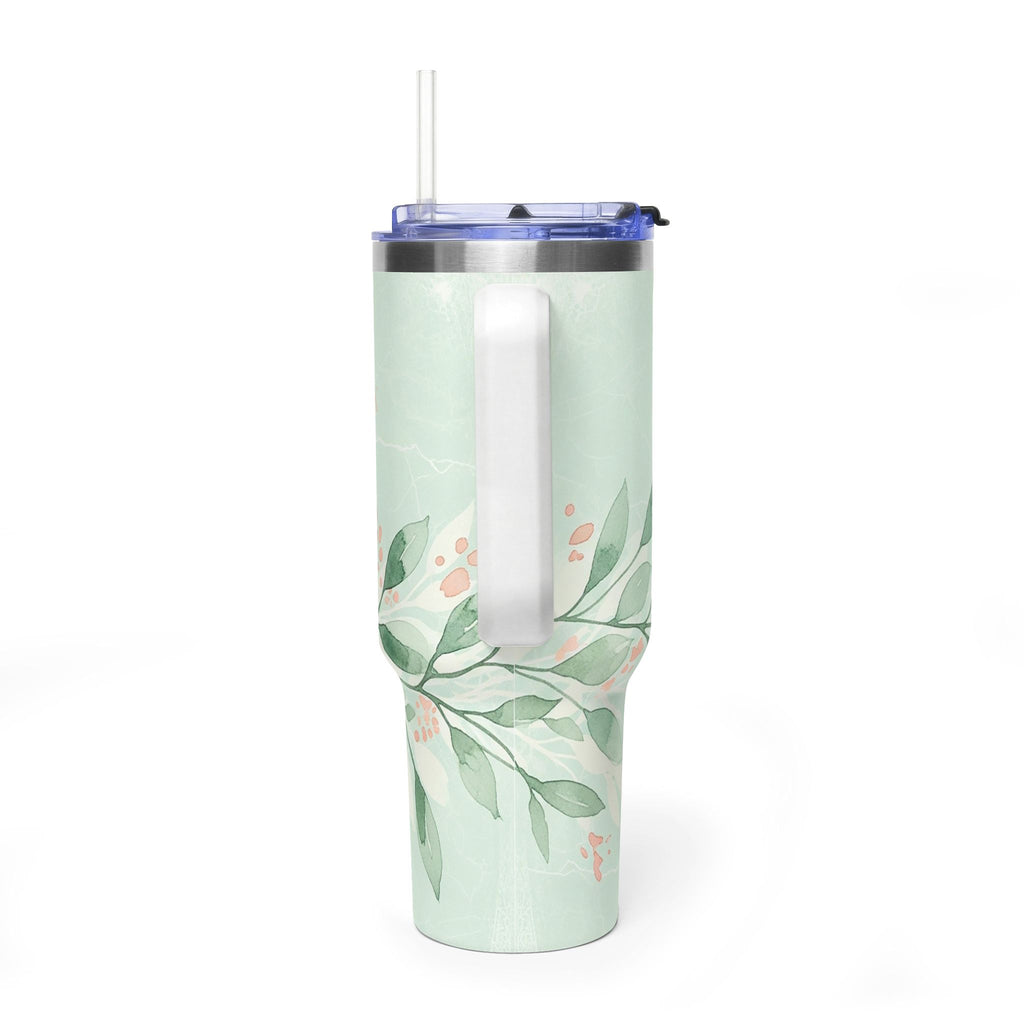 Personalized 40oz Tumbler with Handle - Sage Leaf Branch Custom Initials