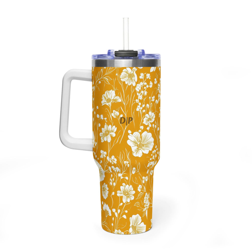 Personalized 40oz Tumbler with Handle - Mustard Wildflower Custom Initials