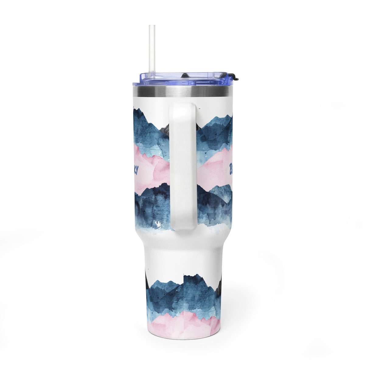 Personalized 40oz Tumbler with Handle - Blue Pink Mountain Custom Name
