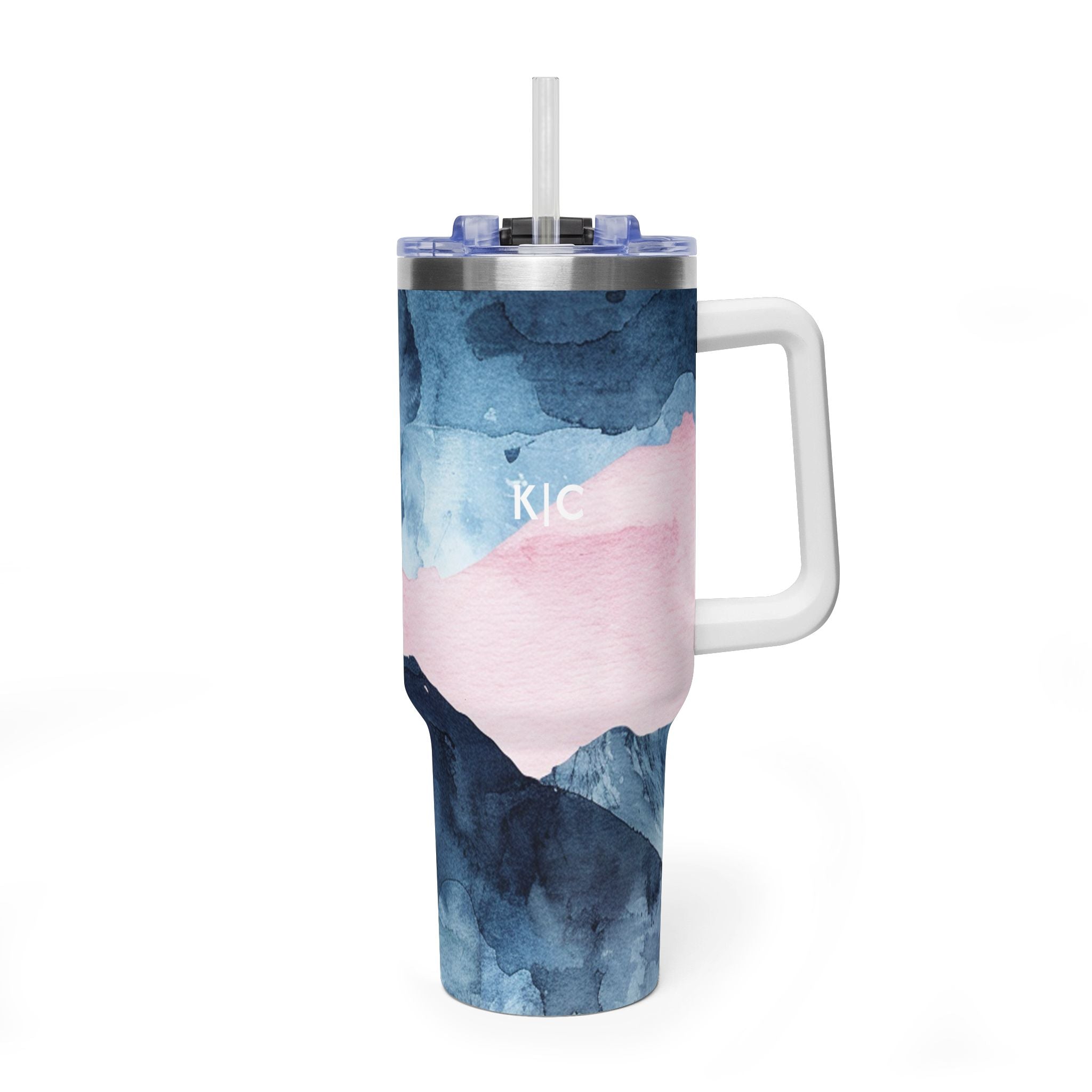 Personalized 40oz Tumbler with Handle - Blue Pink Abstract Custom Initials