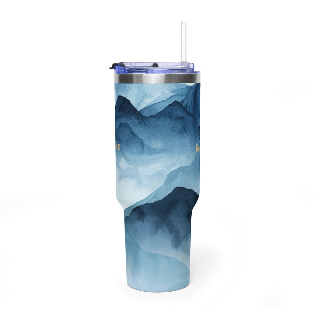 Personalized 40oz tumbler with blue watercolor mountain design, custom name