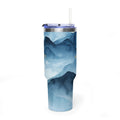 Personalized 40oz tumbler with blue watercolor mountain design, custom name