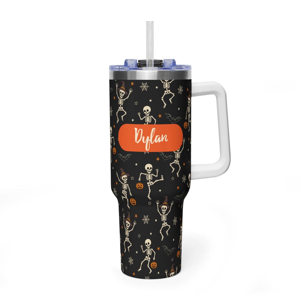 Personalized 40oz Tumbler with Handle - Halloween Dancing Skeleton Custom Name