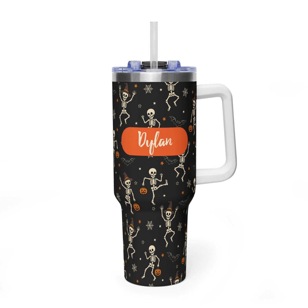 Personalized 40oz Tumbler with Handle - Halloween Dancing Skeleton Custom Name