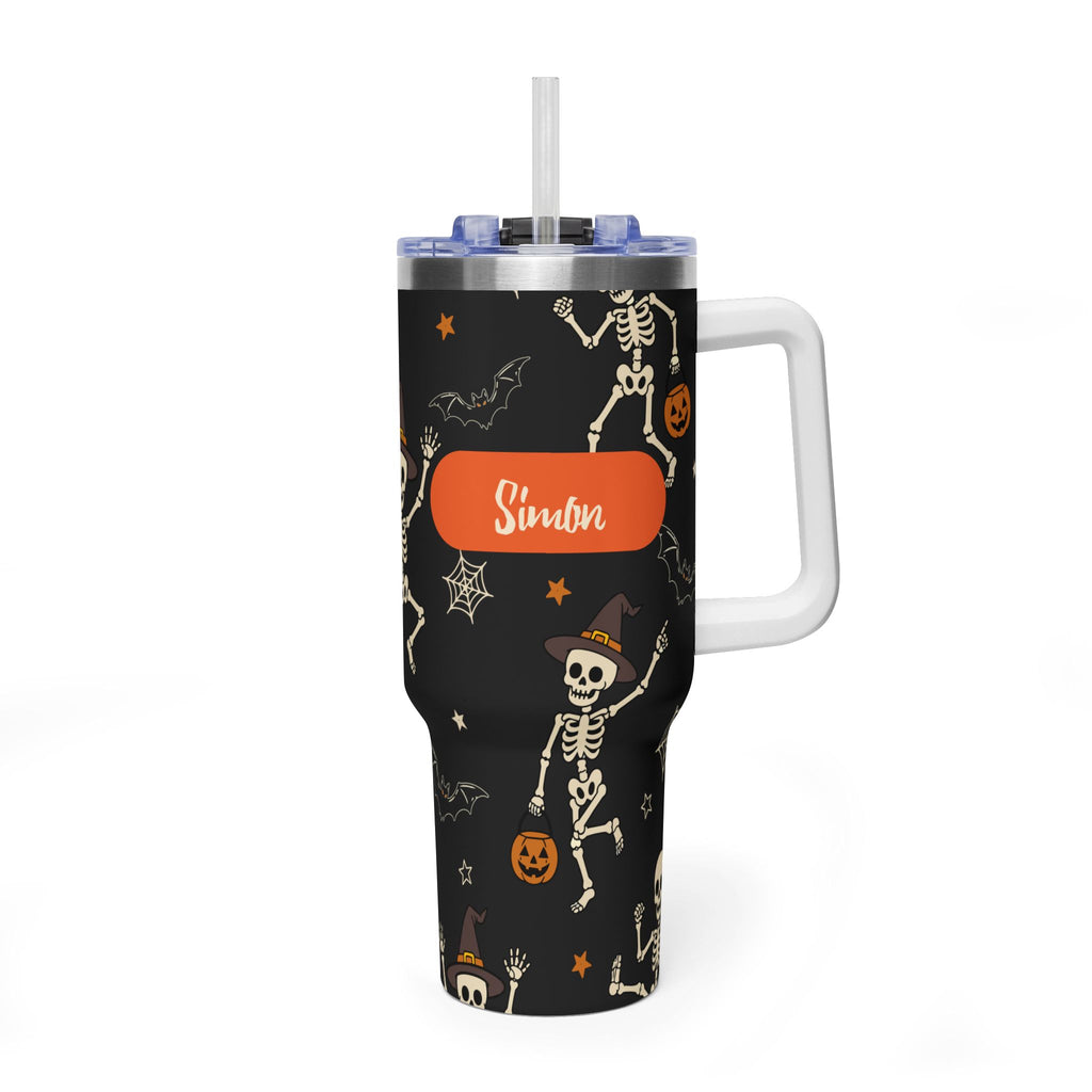 Personalized 40oz Tumbler with Handle - Halloween Skeleton Custom Name