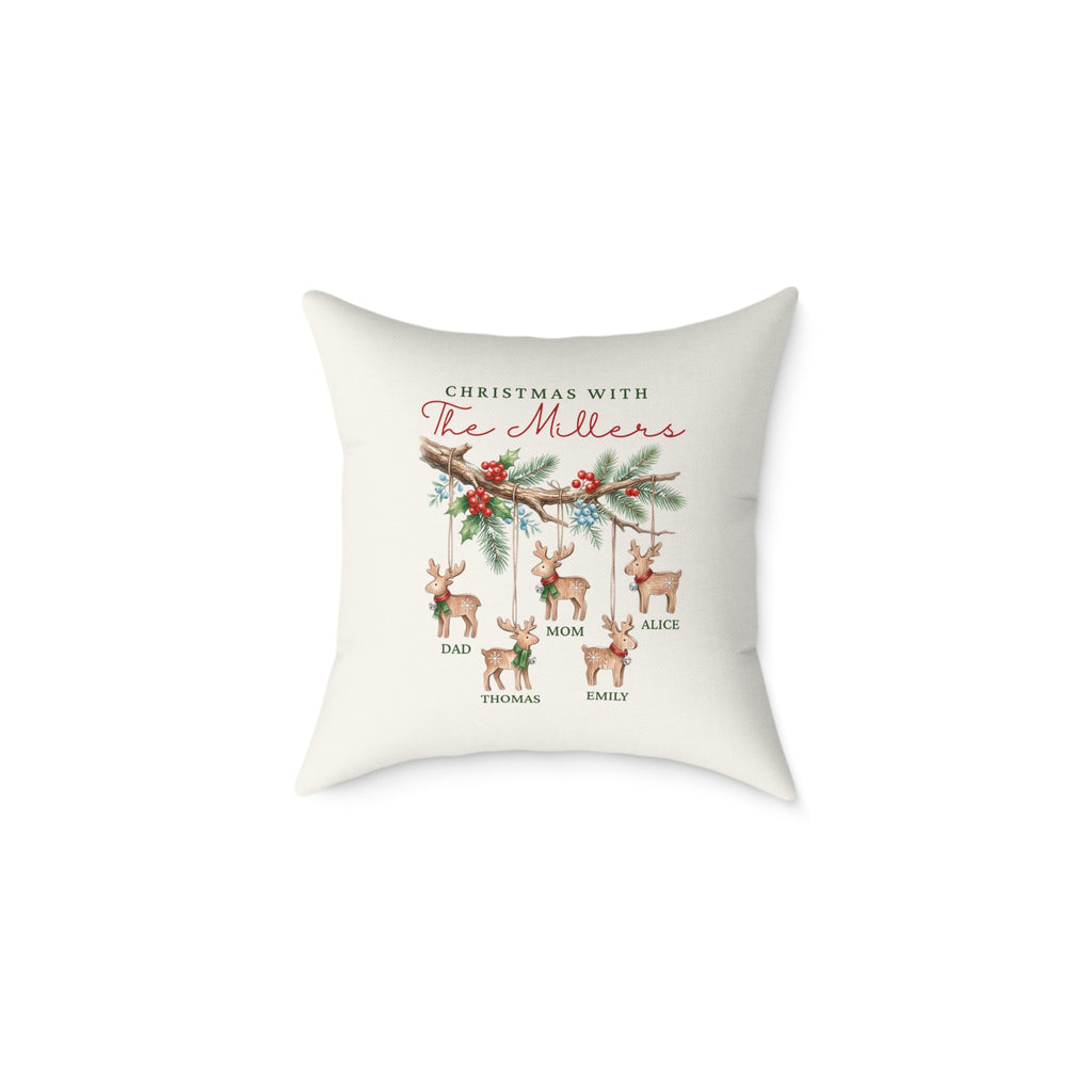Personalized reindeer ornaments family names Christmas pillow, product photo