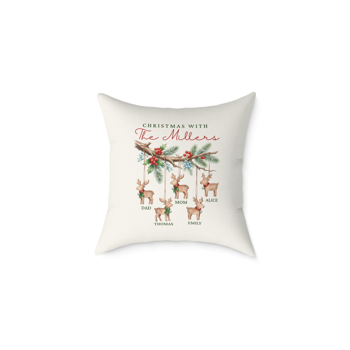 Personalized reindeer ornaments family names Christmas pillow, product photo