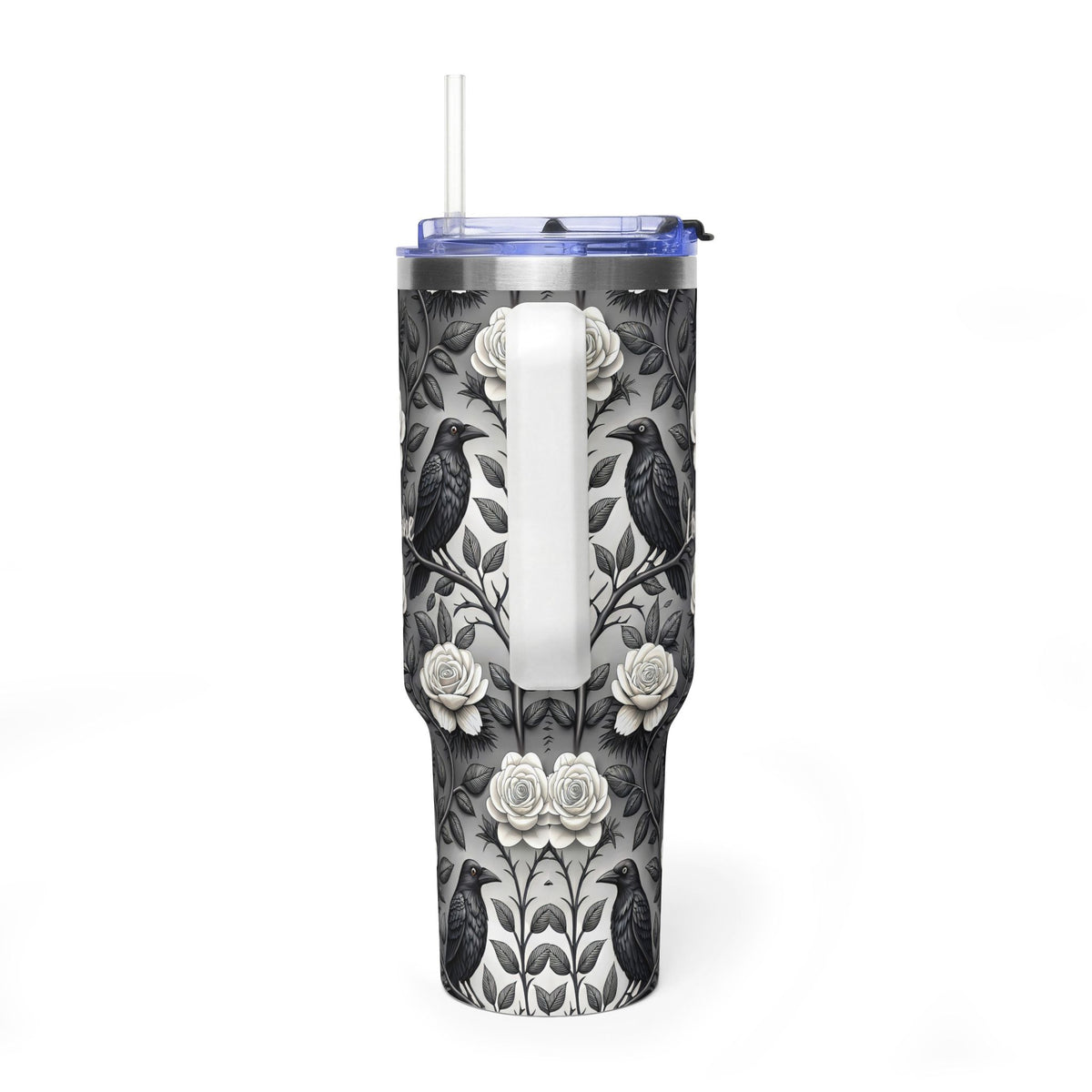 Personalized 40oz Tumbler with Handle - Gothic Raven Rose Custom Name