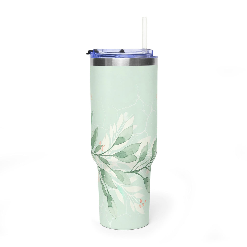 Personalized 40oz tumbler with sage green botanical leaf branch design, custom initials