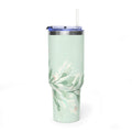 Personalized 40oz tumbler with sage green botanical leaf branch design, custom initials