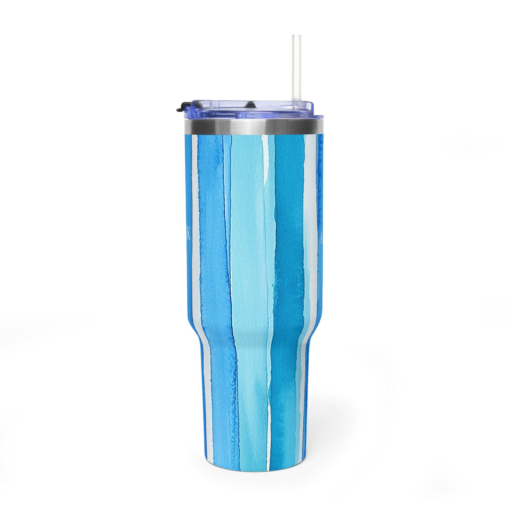 Personalized 40oz tumbler with blue vertical stripe watercolor design, custom initials